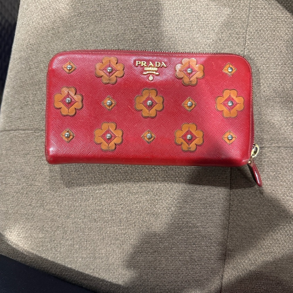 Prada Red and Brown Floral Women's Wallet